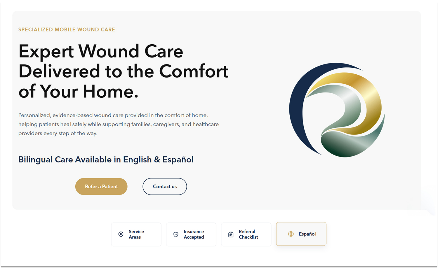 RestoraCare homepage, services, referral information, and contact page designs